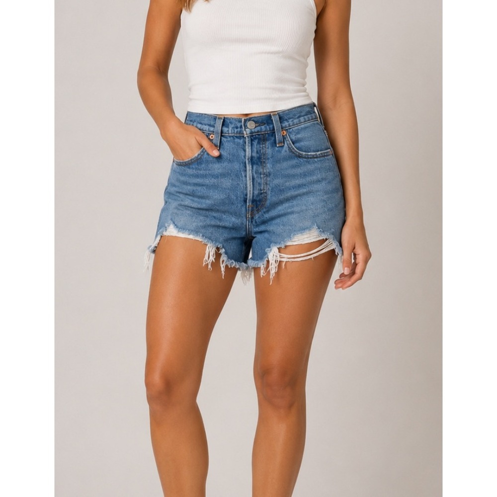 NEW Levis 501 Original High Rise Distressed Button Fly Denim Shorts Blue‎ W25